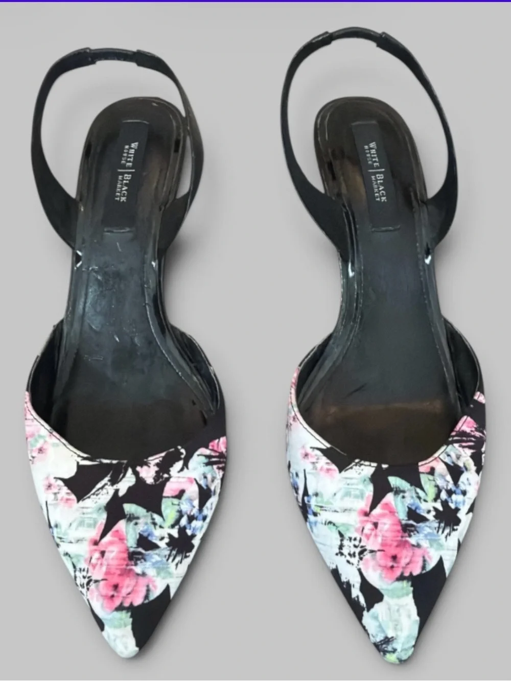 White House Black Market Black Floral Pointed Slingback Heels